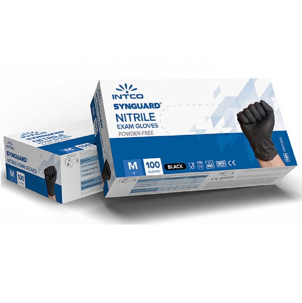 Intco Synguard NGXM10BLACK Exam Grade Nitrile Gloves, Black, 100Pcs